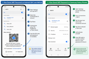Android WiFi settings showing Share option and QR code to view saved WiFi password